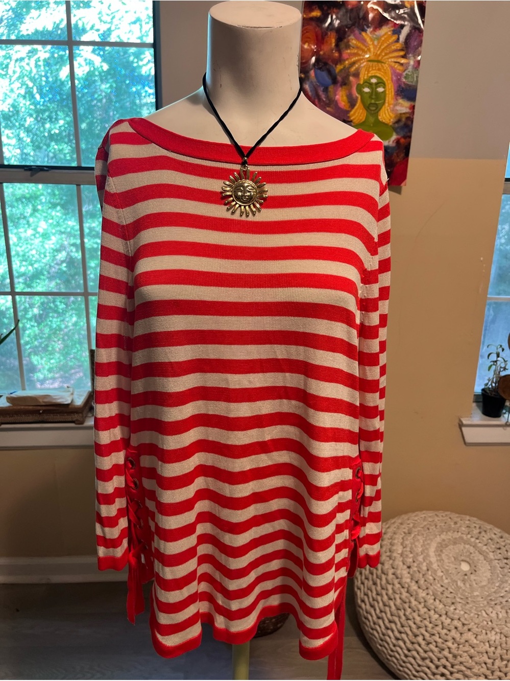 Striped Red and White Boatneck Women's Sweater Top with tie sides